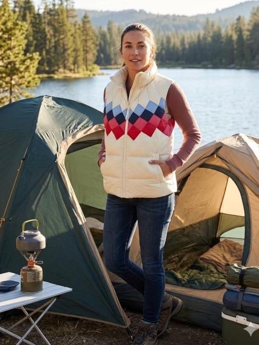 Marine Layer Cream Quilted Vest with Red and Blue Diamond Pattern